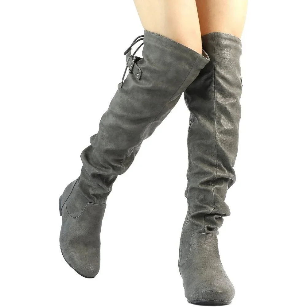 Women's Grey Suede Over The Knee Thigh High Comfortable Low Heel Winter Boots